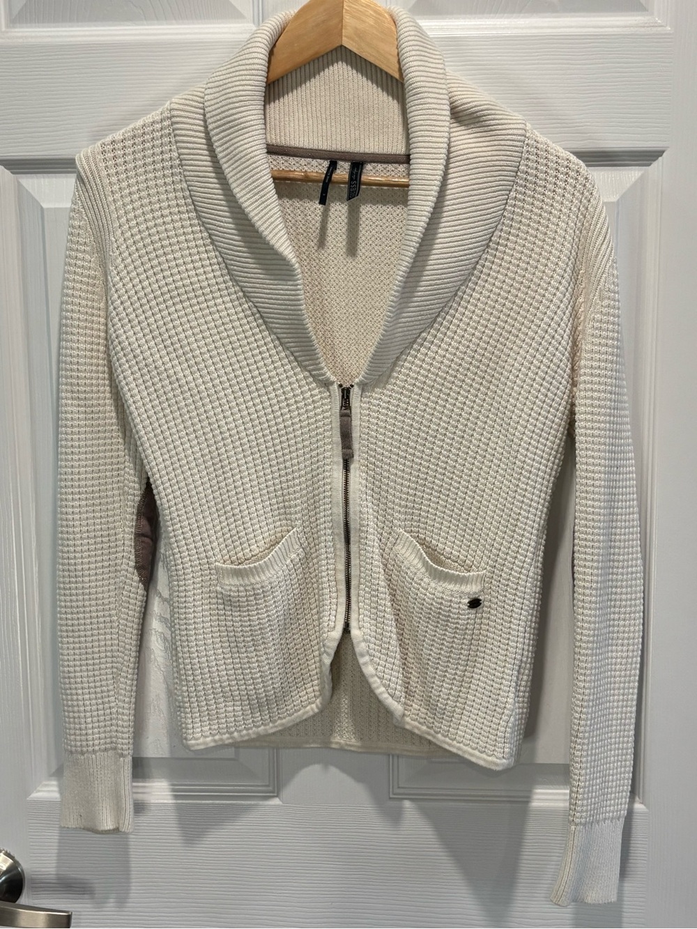 Guess Ivory Waffle Knit Full Zip Shawl Collar Cardigan, Size M
